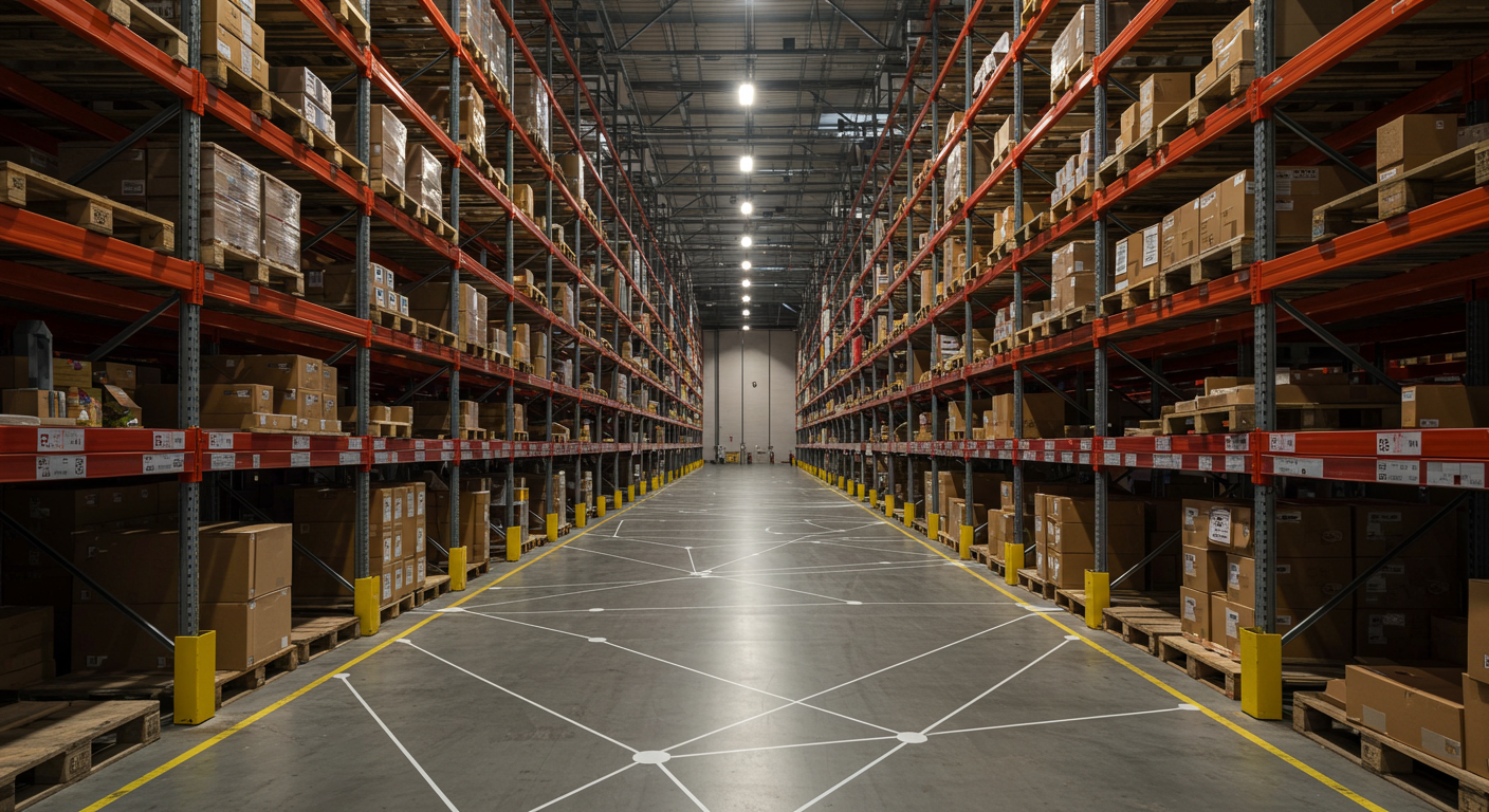 Wide angle of Warehouse indoors with a digital node pattern on the floor.