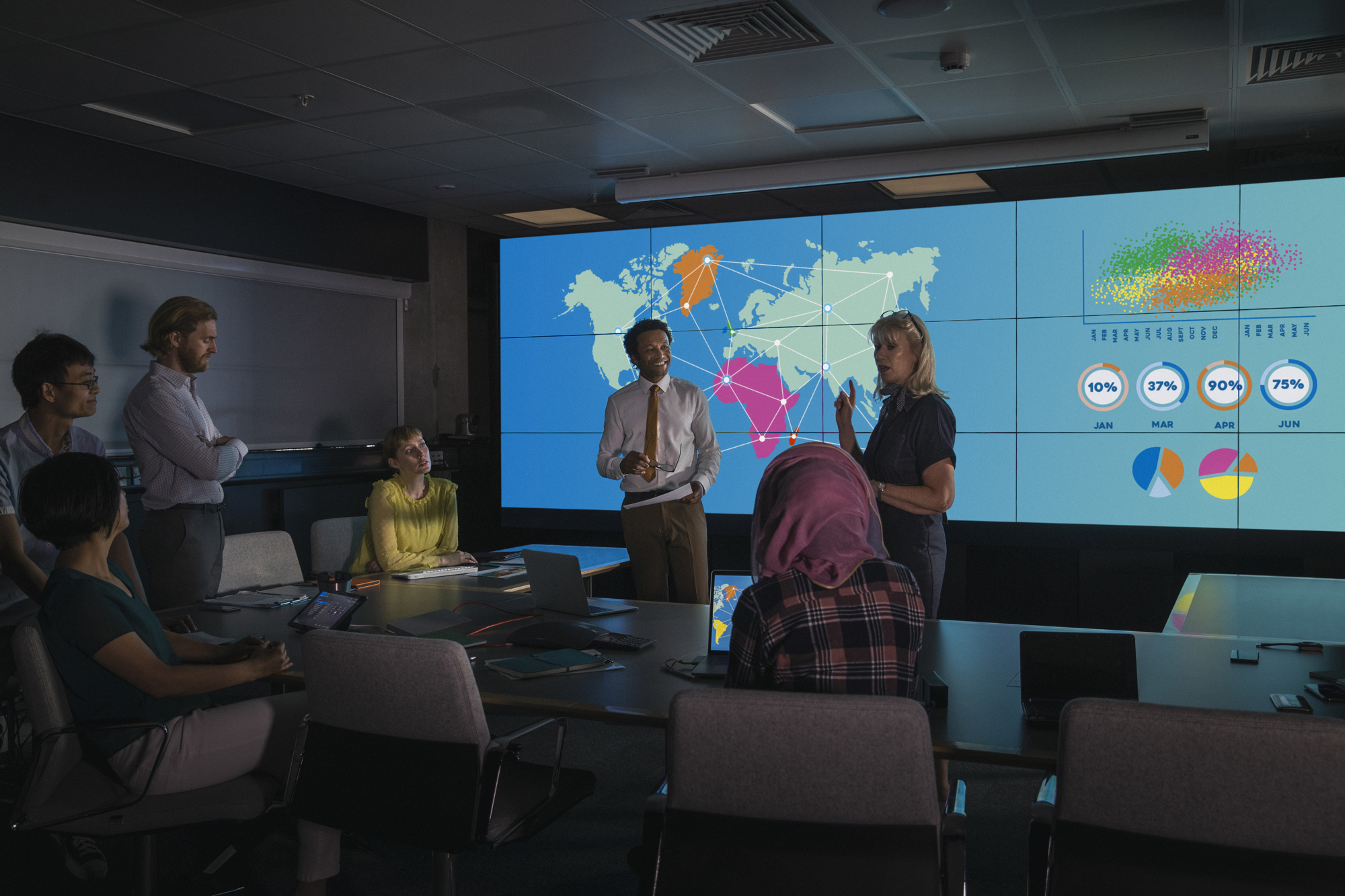 Team discussing global PCI DSS compliance strategy with interactive map